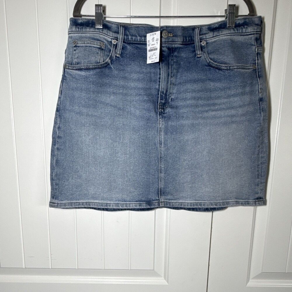 J.CREW Women's Denim A-Line Skirt Blue Short Size 14 Stretch Pockets Button Zip